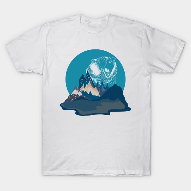 Bear Roaring in Blue Mountain Landscape | Gift Idea for Travelers who love Hiking or Camping | Wanderlust T-Shirt T-Shirt by mschubbybunny